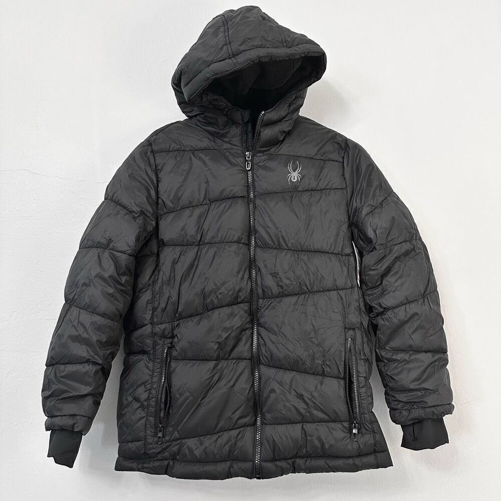 NWT Spyder Girls or Boys Full Zip Hooded Insulated Puffer Jacket Black Size Larg